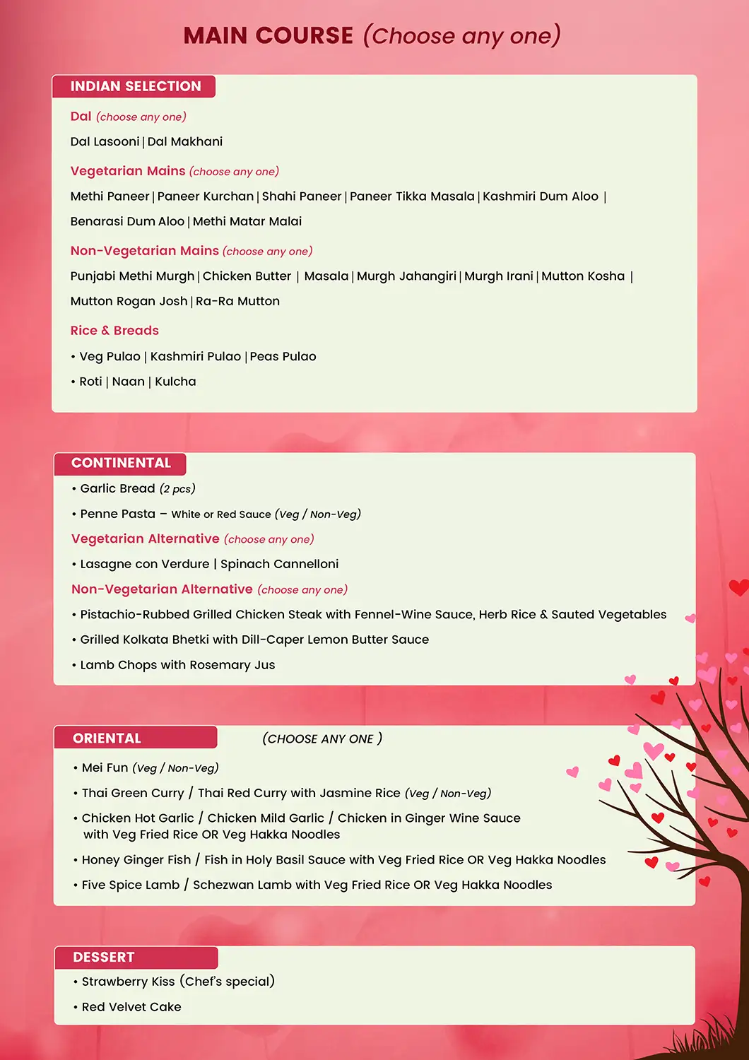 Valentine's Day menu at The Garden